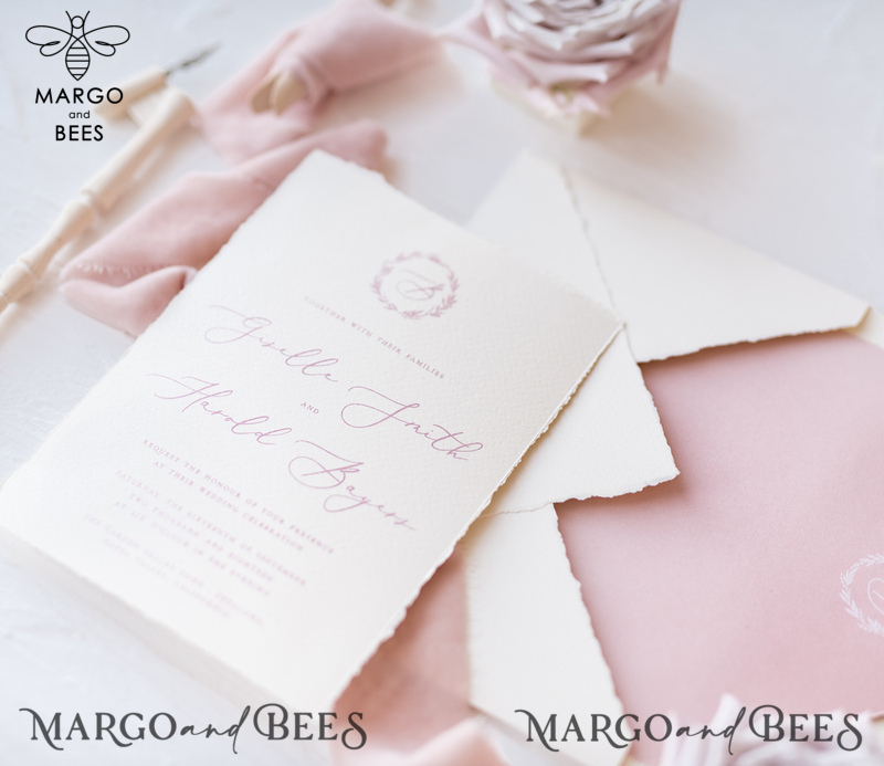 Luxury Nude Wedding Invitations, Romantic Pink Wedding Invites With Velvet Ribbon, Minimalistic And Modern Wedding Invitation Suite, Handmade Wedding Stationery-24