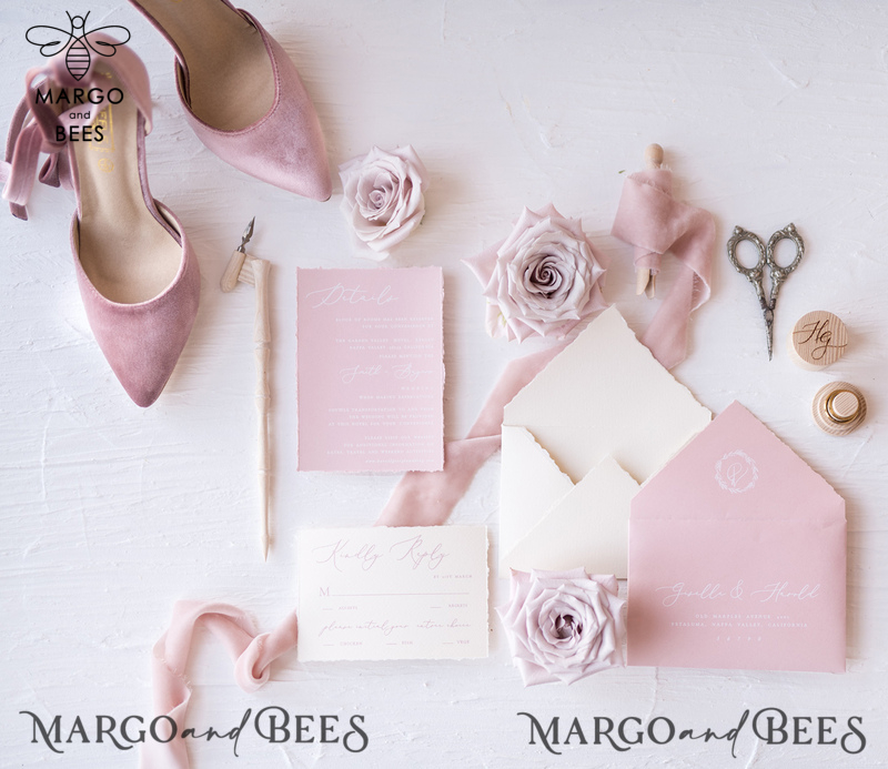 Luxury Nude Wedding Invitations, Romantic Pink Wedding Invites With Velvet Ribbon, Minimalistic And Modern Wedding Invitation Suite, Handmade Wedding Stationery-26