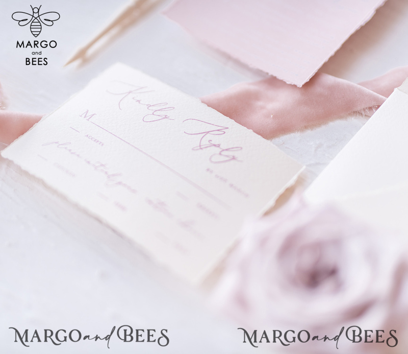 Luxury Nude Wedding Invitations, Romantic Pink Wedding Invites With Velvet Ribbon, Minimalistic And Modern Wedding Invitation Suite, Handmade Wedding Stationery-32