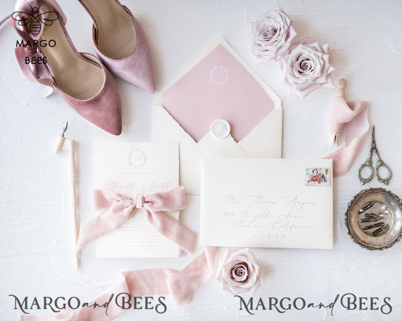 Luxury Nude Wedding Invitations, Romantic Pink Wedding Invites With Velvet Ribbon, Minimalistic And Modern Wedding Invitation Suite, Handmade Wedding Stationery-4