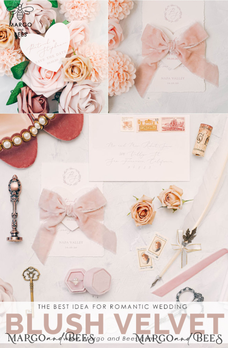 Luxury Nude Wedding Invitations, Romantic Pink Wedding Invites With Velvet Ribbon, Minimalistic And Modern Wedding Invitation Suite, Handmade Wedding Stationery-6