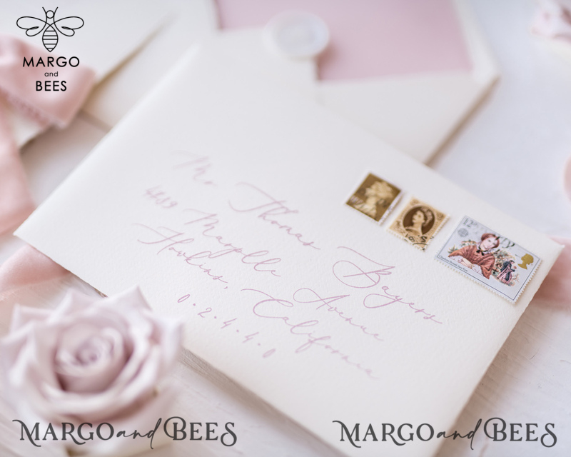 Luxury Nude Wedding Invitations, Romantic Pink Wedding Invites With Velvet Ribbon, Minimalistic And Modern Wedding Invitation Suite, Handmade Wedding Stationery-8