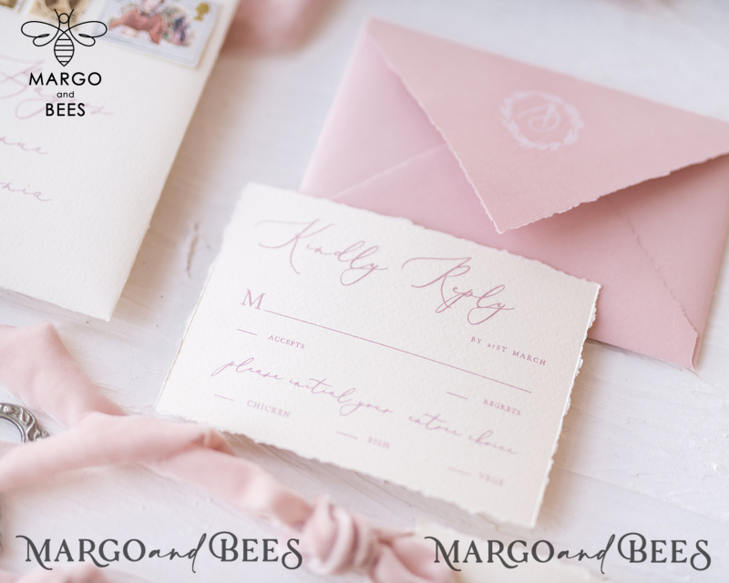 Luxury Nude Wedding Invitations, Romantic Pink Wedding Invites With Velvet Ribbon, Minimalistic And Modern Wedding Invitation Suite, Handmade Wedding Stationery-9