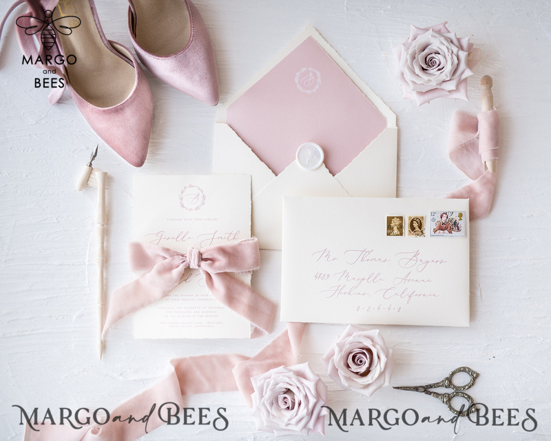 Luxury Nude Wedding Invitations, Romantic Pink Wedding Invites With Velvet Ribbon, Minimalistic And Modern Wedding Invitation Suite, Handmade Wedding Stationery-0