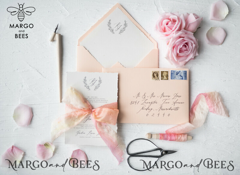 Fairytale Minimalist Wedding Invitations Fine Art Stationery with Floral Sketch Silk Velvet Bow Peach Envelope with Monogram Liner-1