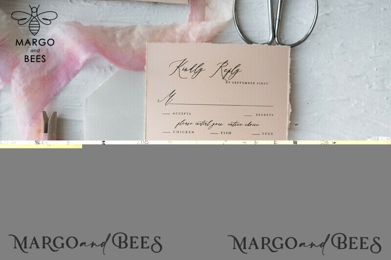 Elegant Handmade Wedding Invitation Suite: Minimalistic Peach and White, Vintage Inspired with Hand Dyed Ribbon-10