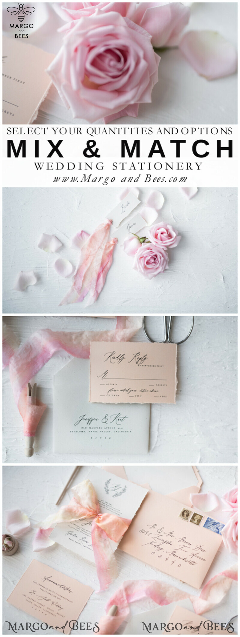 Fairytale Minimalist Wedding Invitations Fine Art Stationery with Floral Sketch Silk Velvet Bow Peach Envelope with Monogram Liner-11