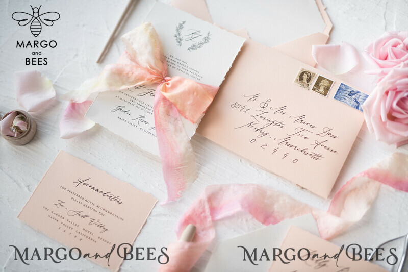 Fairytale Minimalist Wedding Invitations Fine Art Stationery with Floral Sketch Silk Velvet Bow Peach Envelope with Monogram Liner-14