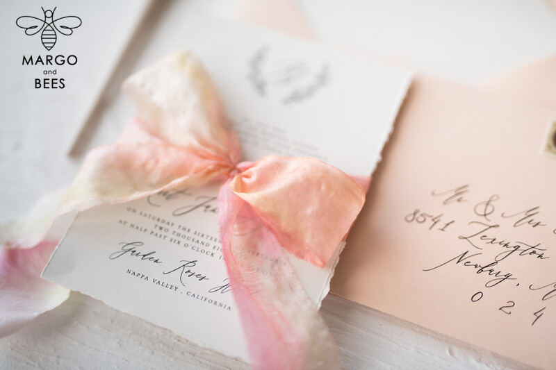 Fairytale Minimalist Wedding Invitations Fine Art Stationery with Floral Sketch Silk Velvet Bow Peach Envelope with Monogram Liner-15