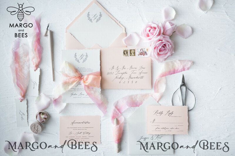 Fairytale Minimalist Wedding Invitations Fine Art Stationery with Floral Sketch Silk Velvet Bow Peach Envelope with Monogram Liner-16