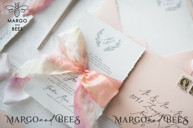 Minimalistic Peach Wedding Invitations, Elegant White Wedding Invites With Hand Dyed Ribbon, Vintage Wedding Cards, Handmade Wedding Invitation Suite-17