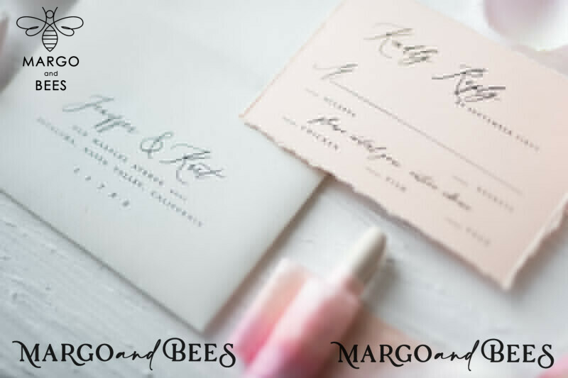 Minimalistic Peach Wedding Invitations, Elegant White Wedding Invites With Hand Dyed Ribbon, Vintage Wedding Cards, Handmade Wedding Invitation Suite-19