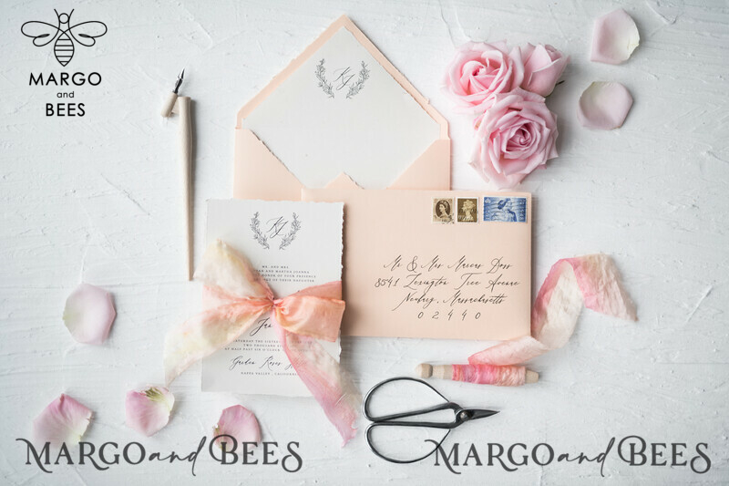 Fairytale Minimalist Wedding Invitations Fine Art Stationery with Floral Sketch Silk Velvet Bow Peach Envelope with Monogram Liner-2
