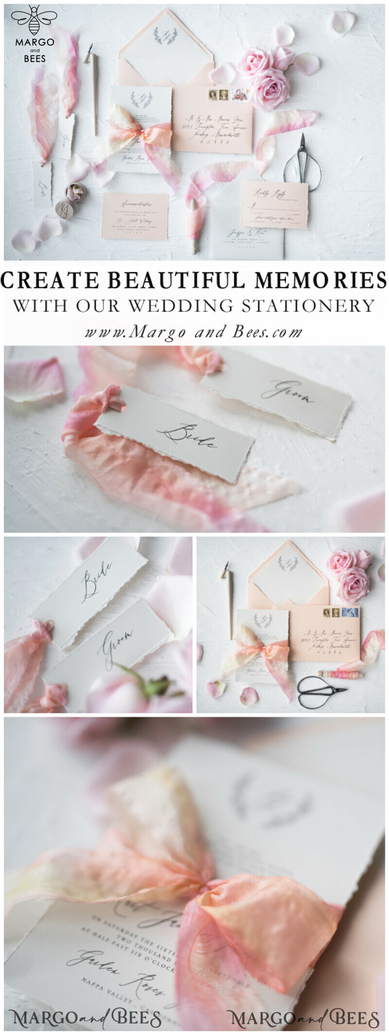 Minimalistic Peach Wedding Invitations, Elegant White Wedding Invites With Hand Dyed Ribbon, Vintage Wedding Cards, Handmade Wedding Invitation Suite-22