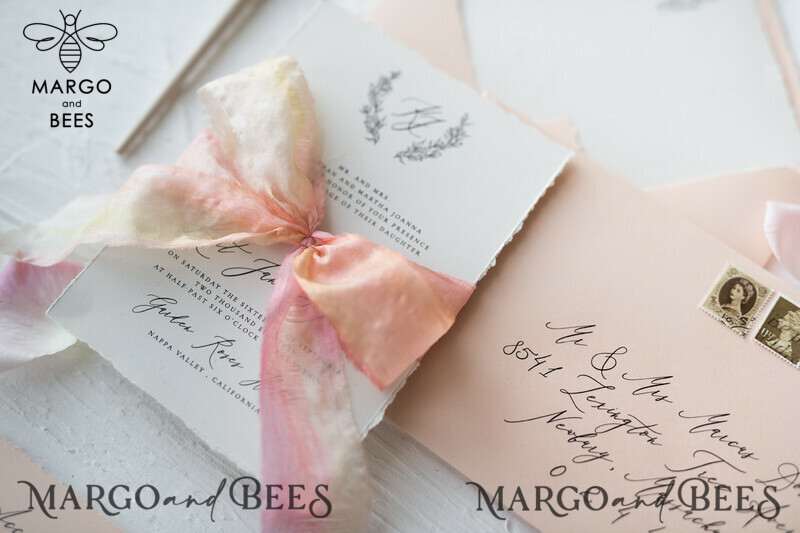 Fairytale Minimalist Wedding Invitations Fine Art Stationery with Floral Sketch Silk Velvet Bow Peach Envelope with Monogram Liner-9