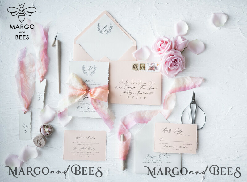 Fairytale Minimalist Wedding Invitations Fine Art Stationery with Floral Sketch Silk Velvet Bow Peach Envelope with Monogram Liner-0