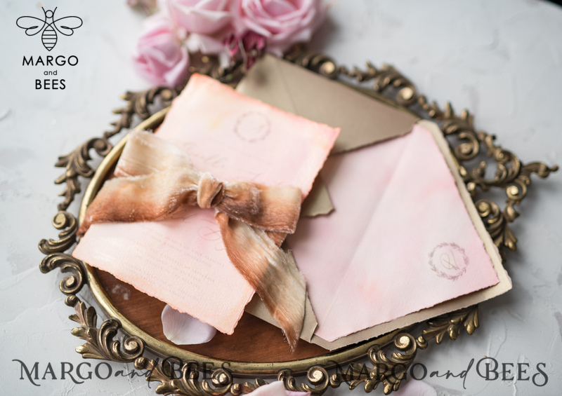 HansPainted Wedding Invitations Fine Art BlushPink  Stationery with HandMade Silk Bow and Wax Seal Gold  Envelope-10