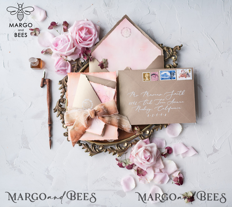 HansPainted Wedding Invitations Fine Art BlushPink  Stationery with HandMade Silk Bow and Wax Seal Gold  Envelope-14