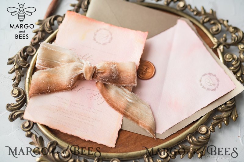 HansPainted Wedding Invitations Fine Art BlushPink  Stationery with HandMade Silk Bow and Wax Seal Gold  Envelope-2