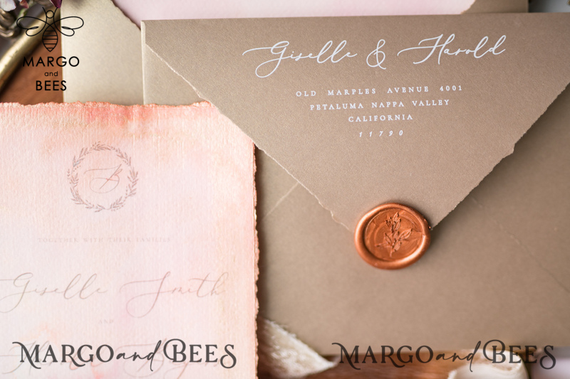 HansPainted Wedding Invitations Fine Art BlushPink  Stationery with HandMade Silk Bow and Wax Seal Gold  Envelope-31