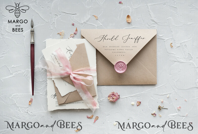 Fairytale Minimalist Wedding Invitations Fine Art Stationery with  Handmade Silk Bow Peach Envelope with Garden Roses Liner-2