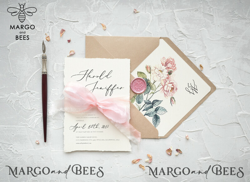 Fairytale Minimalist Wedding Invitations Fine Art Stationery with  Handmade Silk Bow Peach Envelope with Garden Roses Liner-3