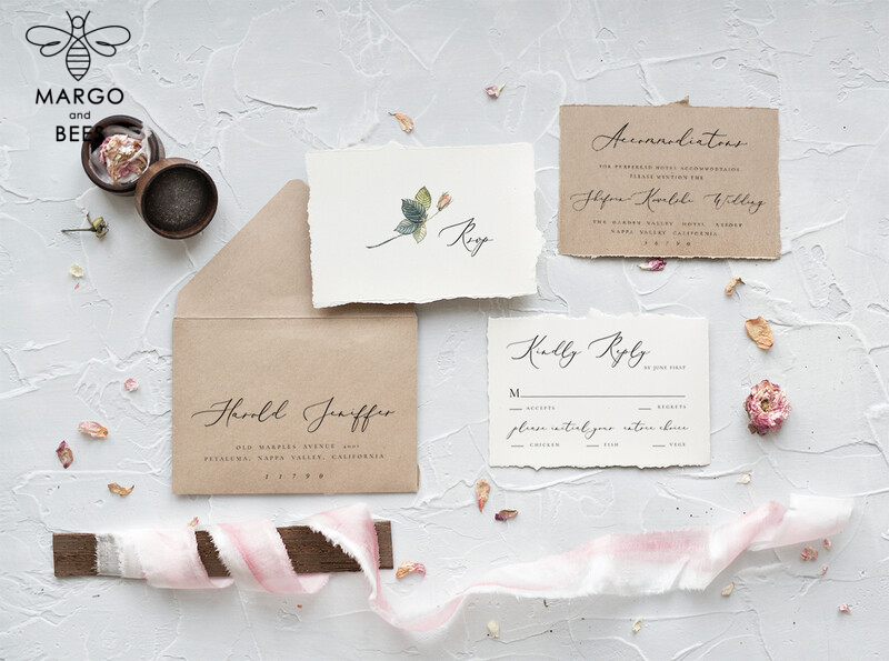 Fairytale Minimalist Wedding Invitations Fine Art Stationery with  Handmade Silk Bow Peach Envelope with Garden Roses Liner-4