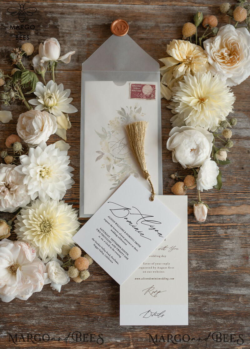 Elegant and Minimalistic Wedding Invitations with Luxury Golden Tassel and Vellum Envelope-1
