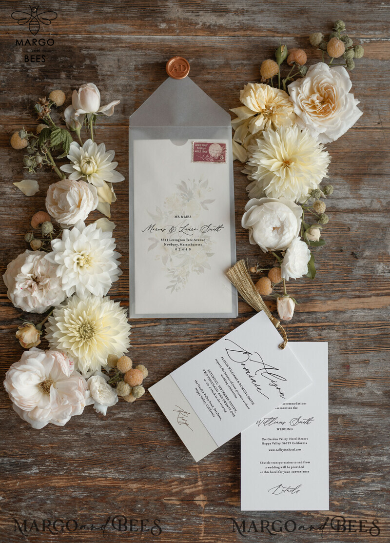 Elegant and Minimalistic Wedding Invitations with Luxury Golden Tassel and Vellum Envelope-3