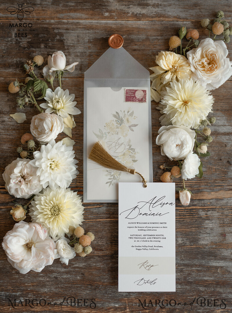 Elegant and Minimalistic Wedding Invitations with Luxury Golden Tassel and Vellum Envelope-0
