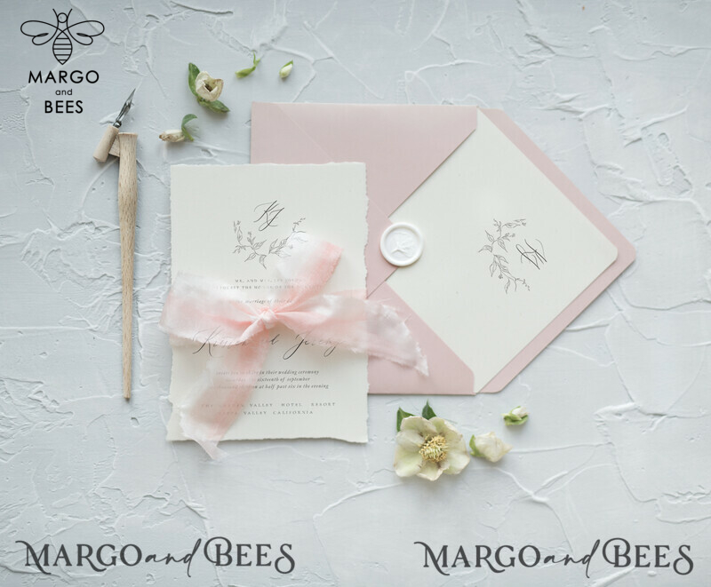 Minimalist Wedding Invitations Fine Art Stationery with HandMade Silk Bow and Wax Seal Blush Pink  Envelope-1