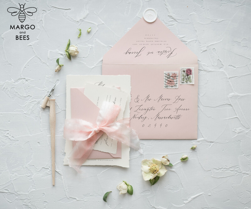 Romantic Blush Pink Wedding Invitations, Elegant And Delicate Wedding Invitation Suite, Bespoke White Wedding Cards, Minimalistic Wedding Invites-2