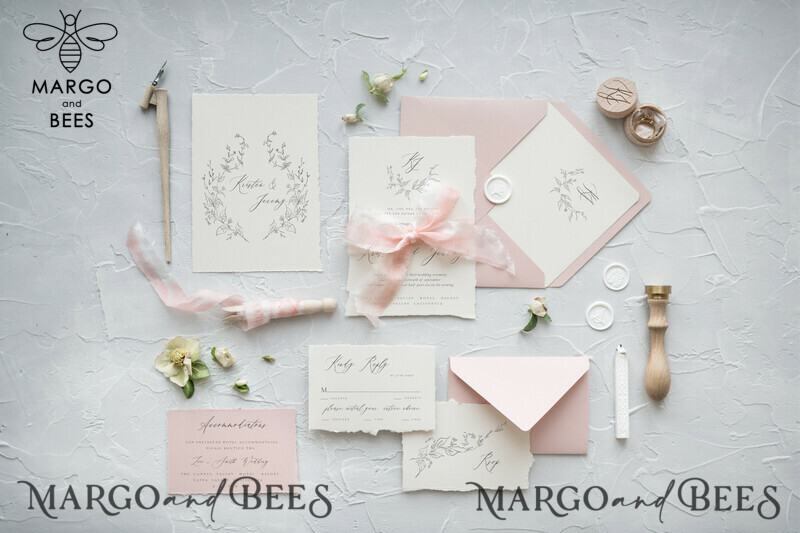 Minimalist Wedding Invitations Fine Art Stationery with HandMade Silk Bow and Wax Seal Blush Pink  Envelope-5