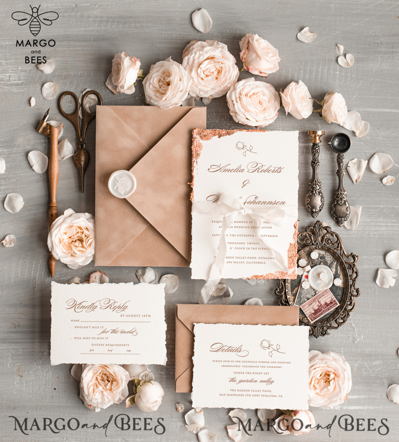 Personalised wedding invitation velvet Beige Envelope, Elegant wedding invitations, Fine Art Wedding Invitation Suite , Golden deckled edge paper wedding Invites-1