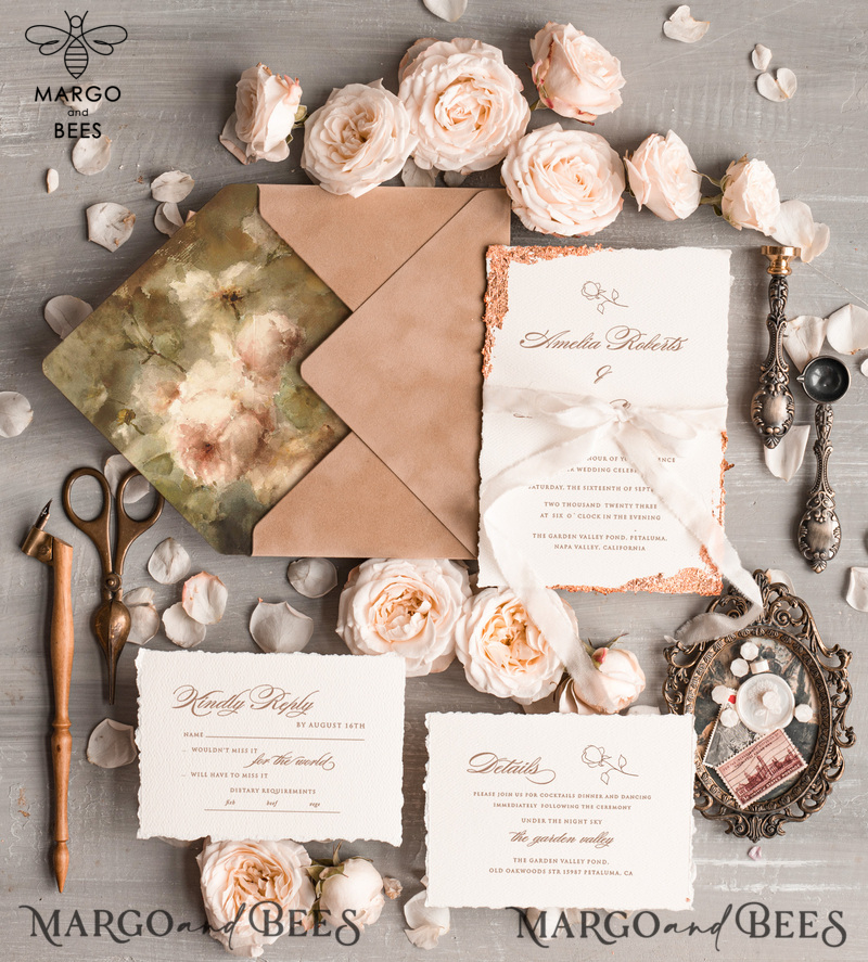 Personalised wedding invitation velvet Beige Envelope, Elegant wedding invitations, Fine Art Wedding Invitation Suite , Golden deckled edge paper wedding Invites-0