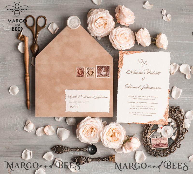 Personalised wedding invitation velvet Beige Envelope, Elegant wedding invitations, Fine Art Wedding Invitation Suite , Golden deckled edge paper wedding Invites-6
