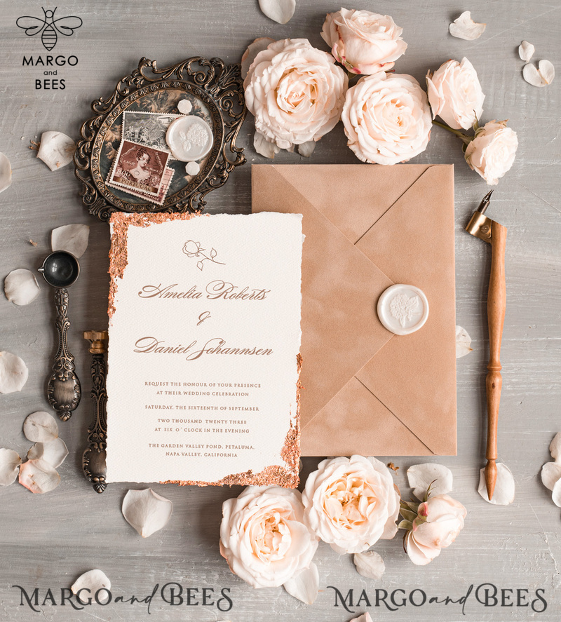 Personalised wedding invitation velvet Beige Envelope, Elegant wedding invitations, Fine Art Wedding Invitation Suite , Golden deckled edge paper wedding Invites-5