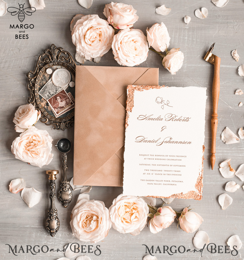 Personalised wedding invitation velvet Beige Envelope, Elegant wedding invitations, Fine Art Wedding Invitation Suite , Golden deckled edge paper wedding Invites-2