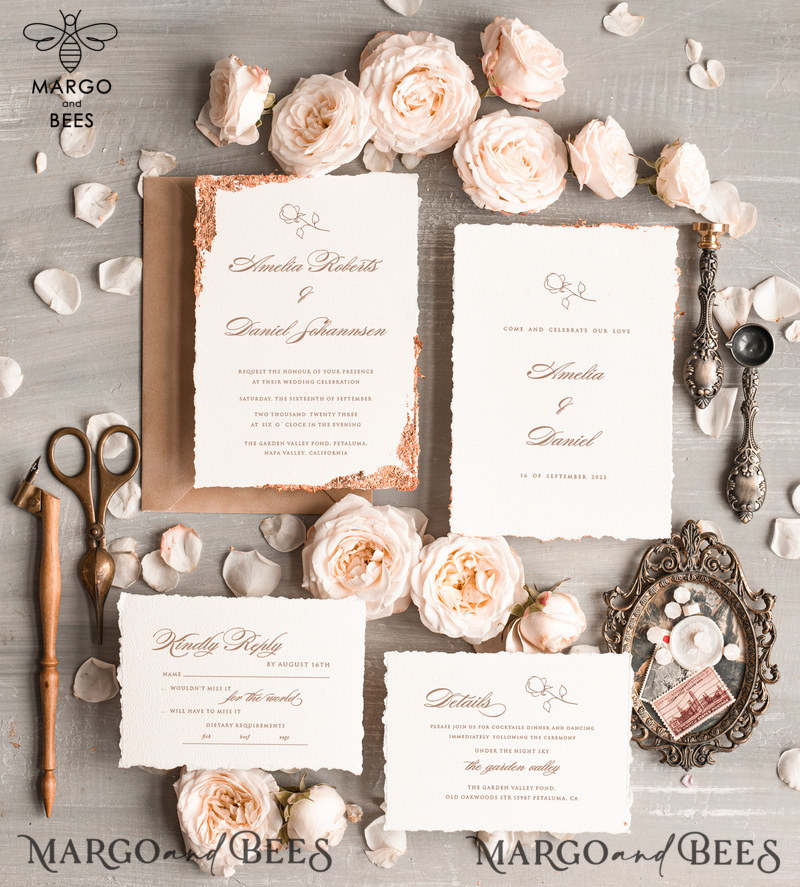 Personalised wedding invitation velvet Beige Envelope, Elegant wedding invitations, Fine Art Wedding Invitation Suite , Golden deckled edge paper wedding Invites-4