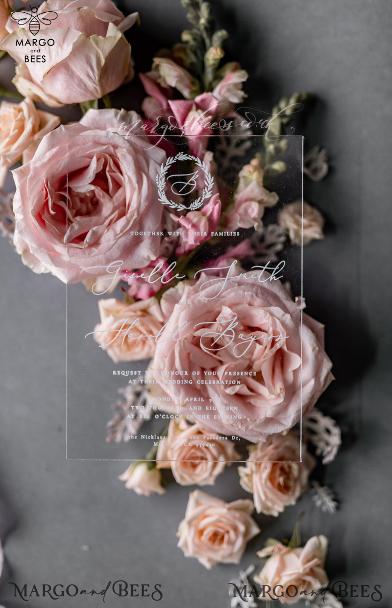 Luxury Acrylic Plexi Wedding Invitations, Romantic Blush Pink Wedding Invites, Elegant Light Grey Wedding Cards With Vellum Cover, Vintage Handmade Wedding Stationery-14