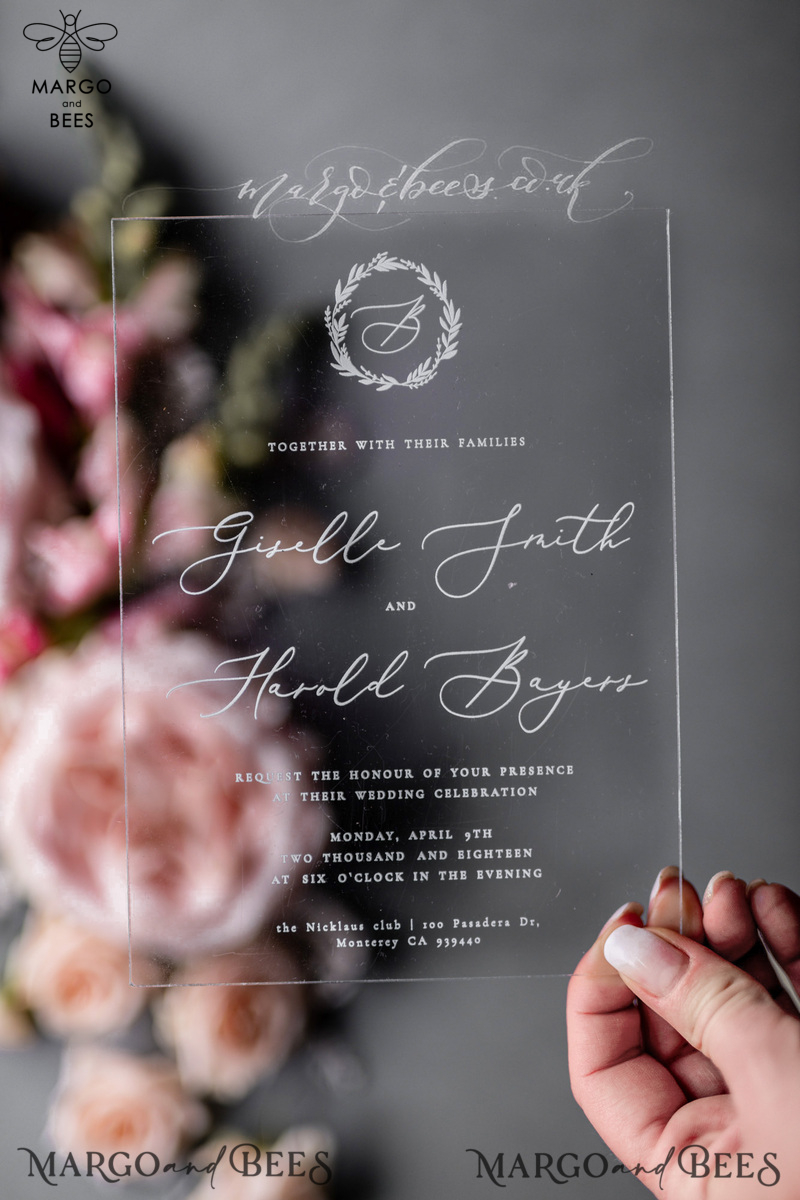Luxury Acrylic Plexi Wedding Invitations, Romantic Blush Pink Wedding Invites, Elegant Light Grey Wedding Cards With Vellum Cover, Vintage Handmade Wedding Stationery-15