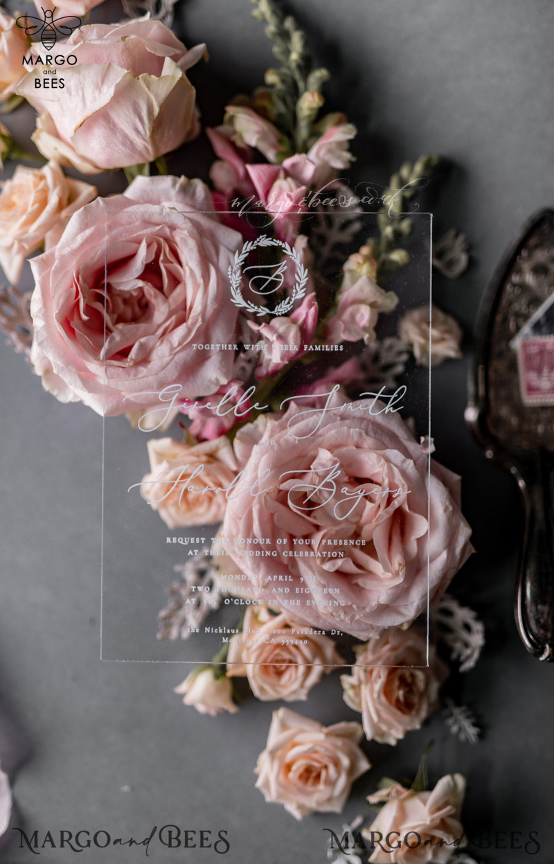 Luxury Acrylic Plexi Wedding Invitations, Romantic Blush Pink Wedding Invites, Elegant Light Grey Wedding Cards With Vellum Cover, Vintage Handmade Wedding Stationery-17
