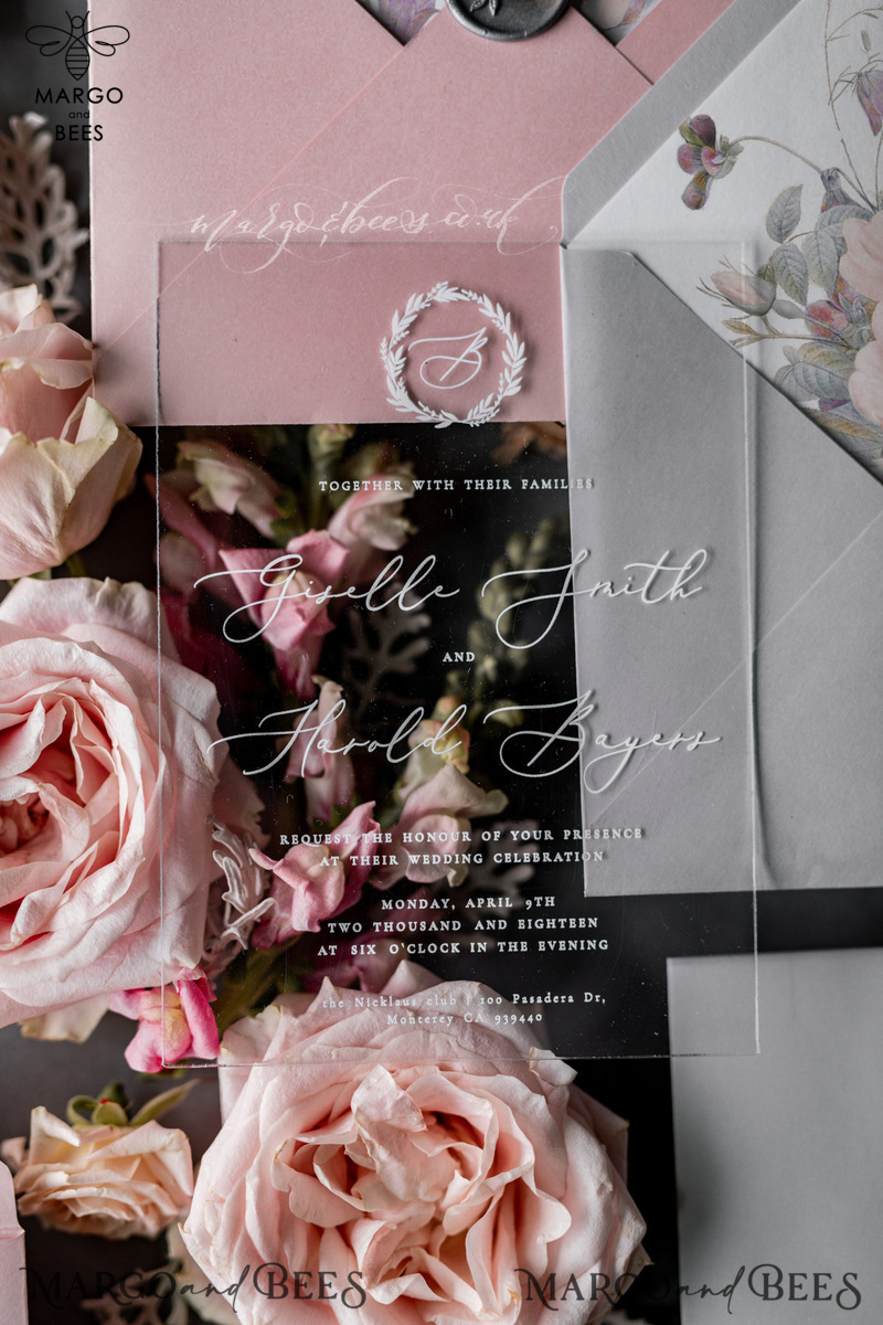 Luxury Acrylic Plexi Wedding Invitations, Romantic Blush Pink Wedding Invites, Elegant Light Grey Wedding Cards With Vellum Cover, Vintage Handmade Wedding Stationery-9