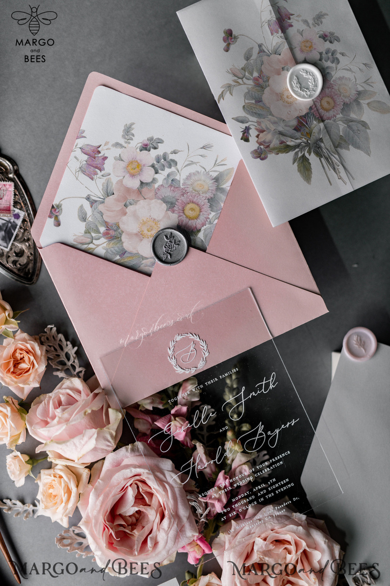Luxury Acrylic Plexi Wedding Invitations, Romantic Blush Pink Wedding Invites, Elegant Light Grey Wedding Cards With Vellum Cover, Vintage Handmade Wedding Stationery-5