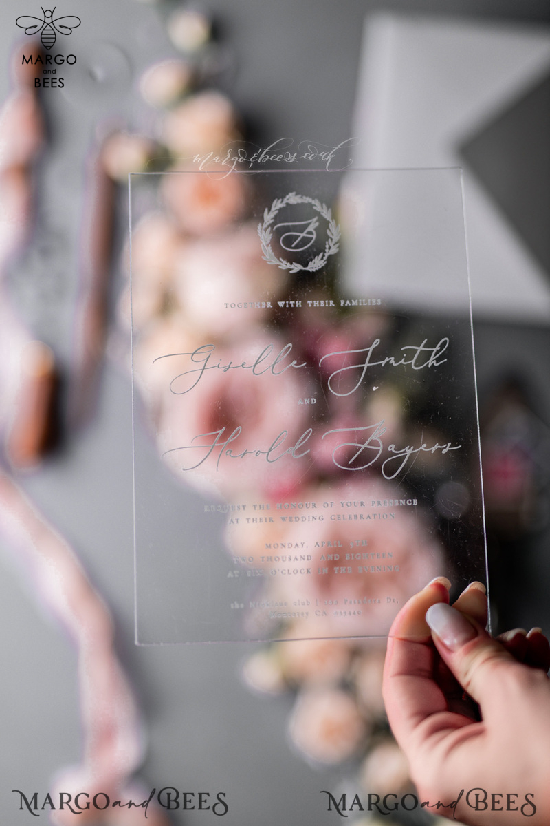 Luxury Acrylic Plexi Wedding Invitations, Romantic Blush Pink Wedding Invites, Elegant Light Grey Wedding Cards With Vellum Cover, Vintage Handmade Wedding Stationery-13