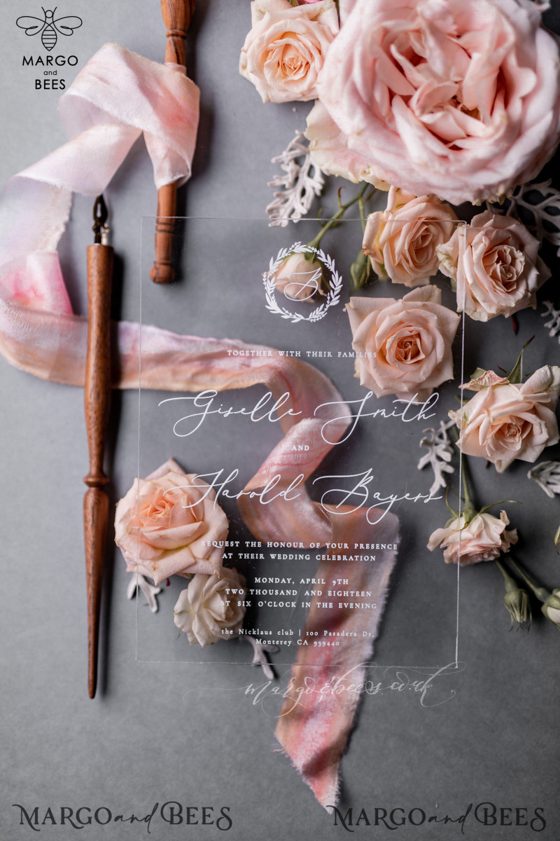 Luxury Acrylic Plexi Wedding Invitations, Romantic Blush Pink Wedding Invites, Elegant Light Grey Wedding Cards With Vellum Cover, Vintage Handmade Wedding Stationery-20