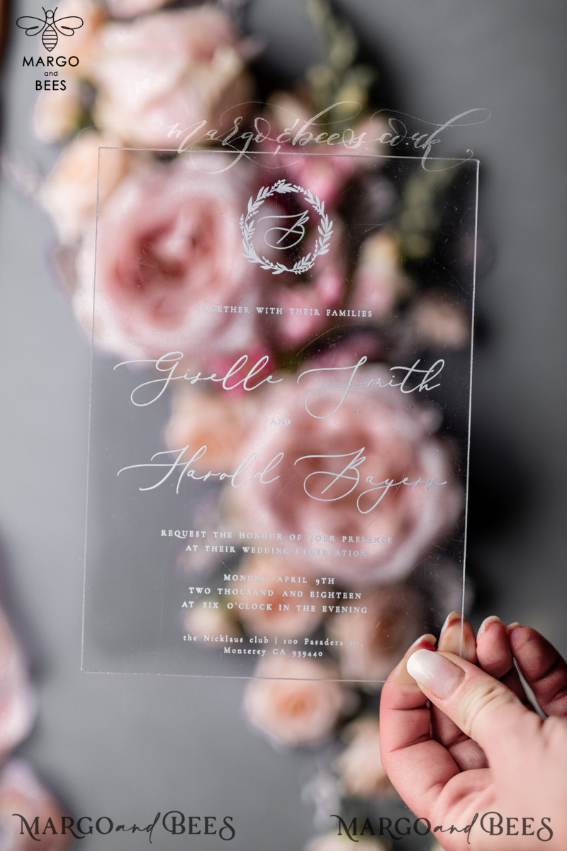 Luxury Acrylic Plexi Wedding Invitations, Romantic Blush Pink Wedding Invites, Elegant Light Grey Wedding Cards With Vellum Cover, Vintage Handmade Wedding Stationery-21