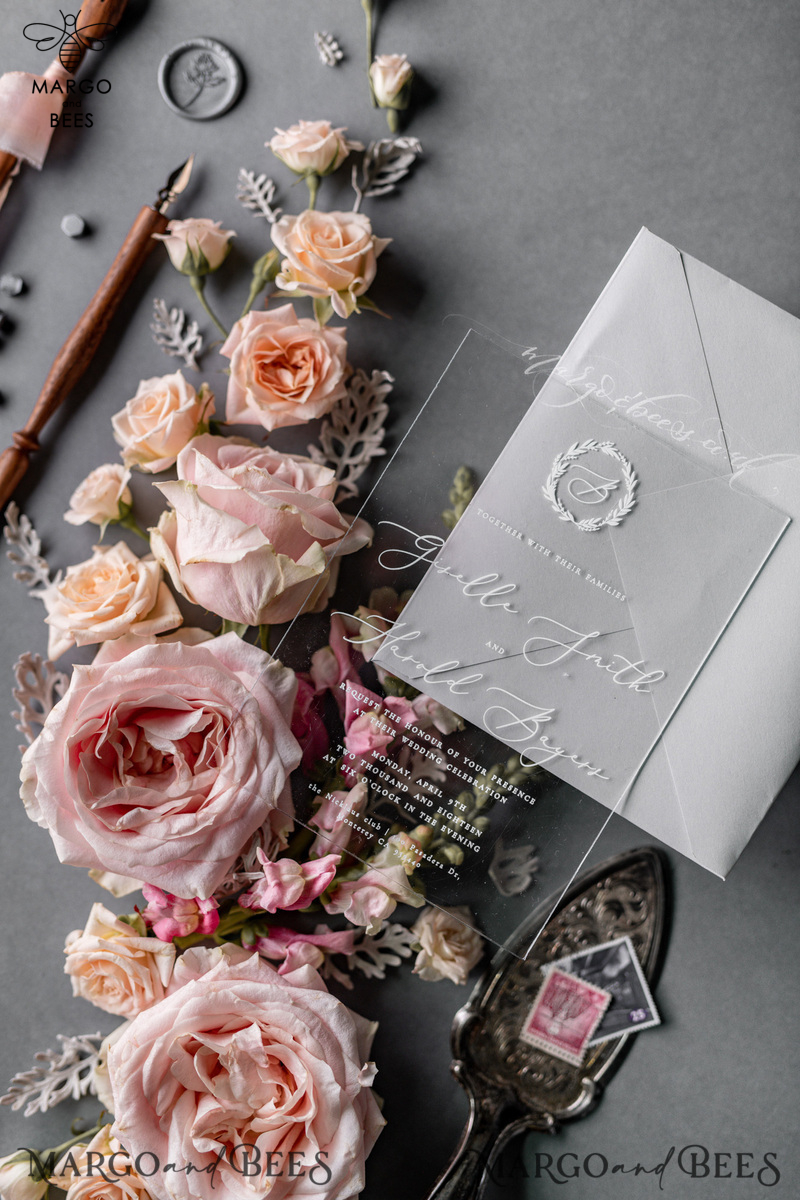 Luxury Acrylic Plexi Wedding Invitations, Romantic Blush Pink Wedding Invites, Elegant Light Grey Wedding Cards With Vellum Cover, Vintage Handmade Wedding Stationery-23