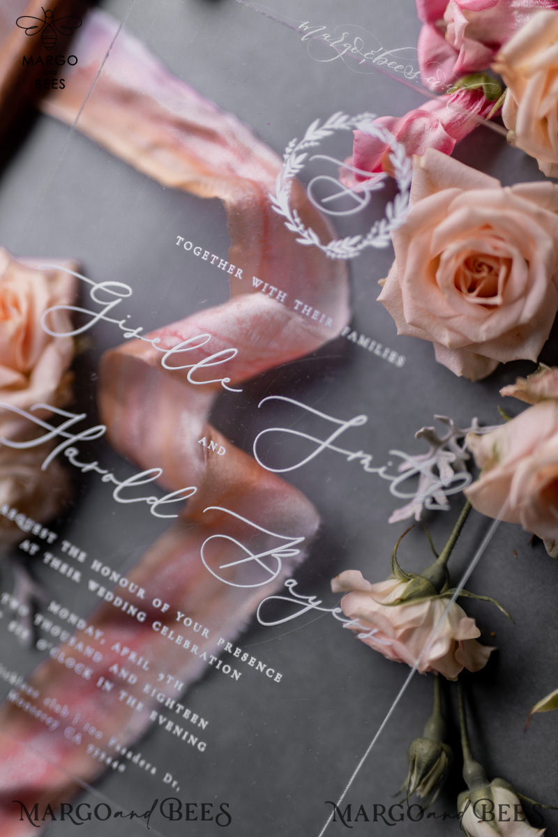 Luxury Acrylic Plexi Wedding Invitations, Romantic Blush Pink Wedding Invites, Elegant Light Grey Wedding Cards With Vellum Cover, Vintage Handmade Wedding Stationery-25