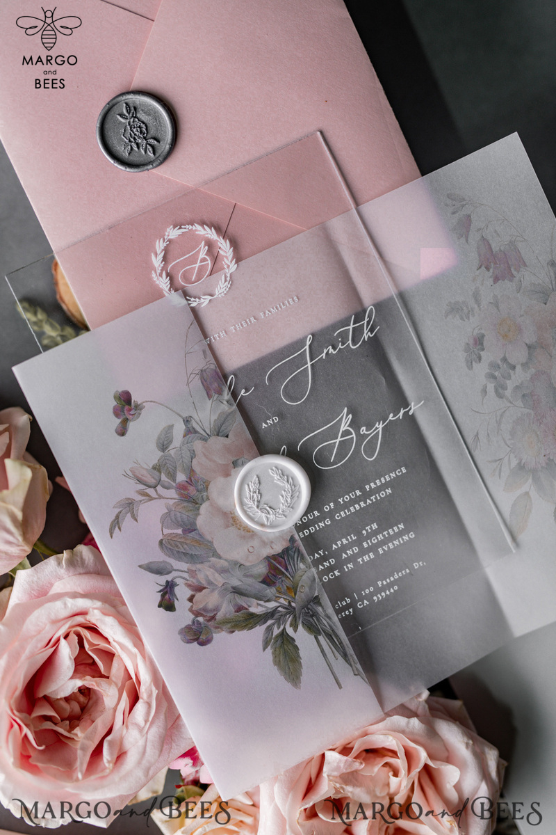 Luxury Acrylic Plexi Wedding Invitations, Romantic Blush Pink Wedding Invites, Elegant Light Grey Wedding Cards With Vellum Cover, Vintage Handmade Wedding Stationery-6